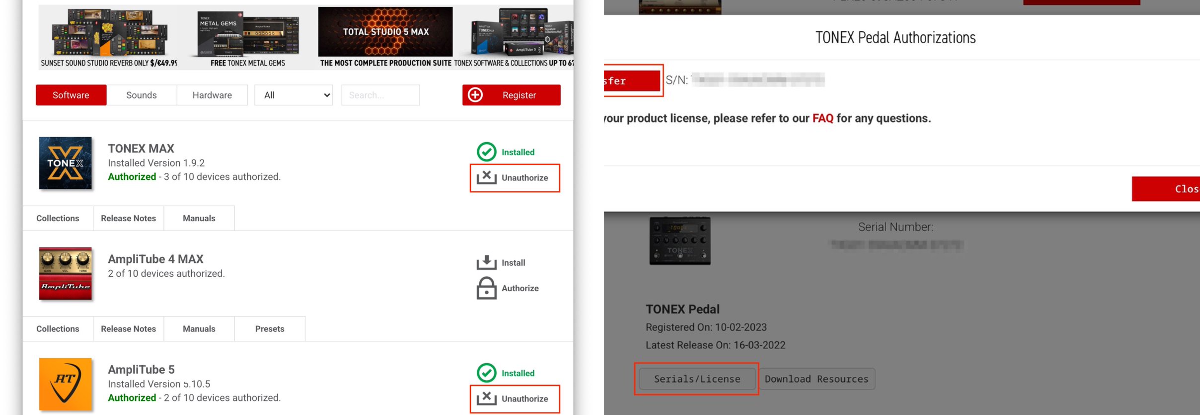 Tone X One ライセンス解除済み IK Multimedia製品のライセンスを第三