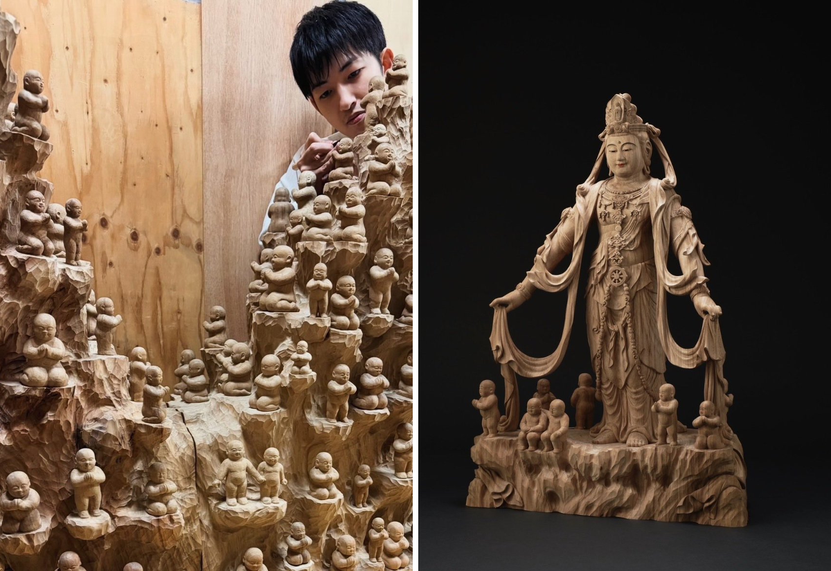 復古調 手作り観音菩薩像 仿石彫仕上げ 6651-1/3 松本工房【仏像彫刻/修復】 on X: 