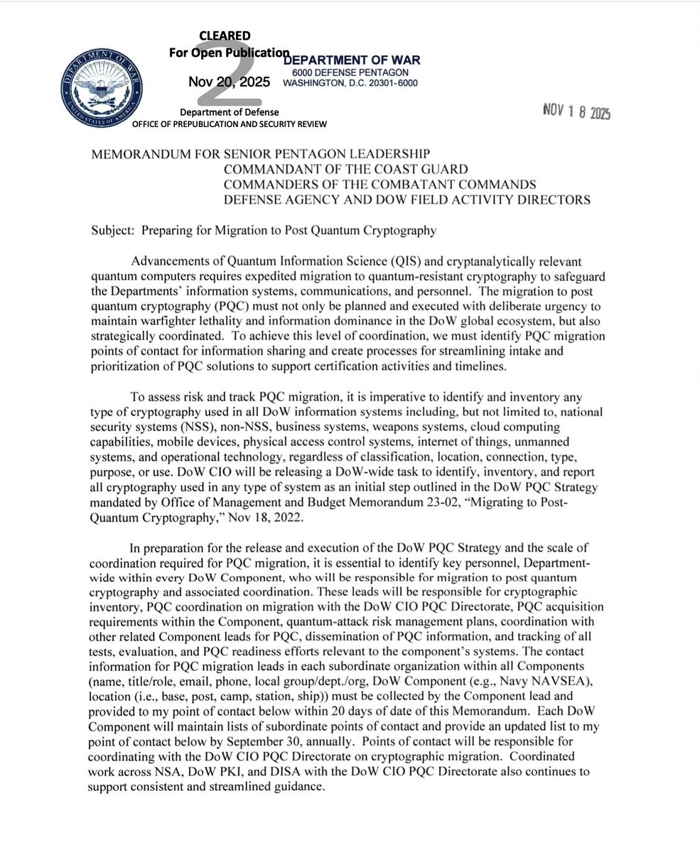 $IONQ 🔐 The document Katie Arrington signed before crossing over to IonQ.

Nov 18, 2025. Three years to the day after OMB Memorandum 23-02 first mandated federal PQC migration.

Pentagon memo: "Preparing for Migration to Post Quantum Cryptography." Signed by Arrington as