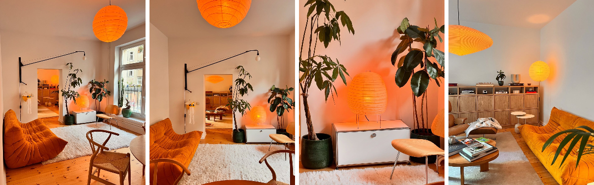 Interior Only on X: "Warm retro-modern living room with a bold orange ...