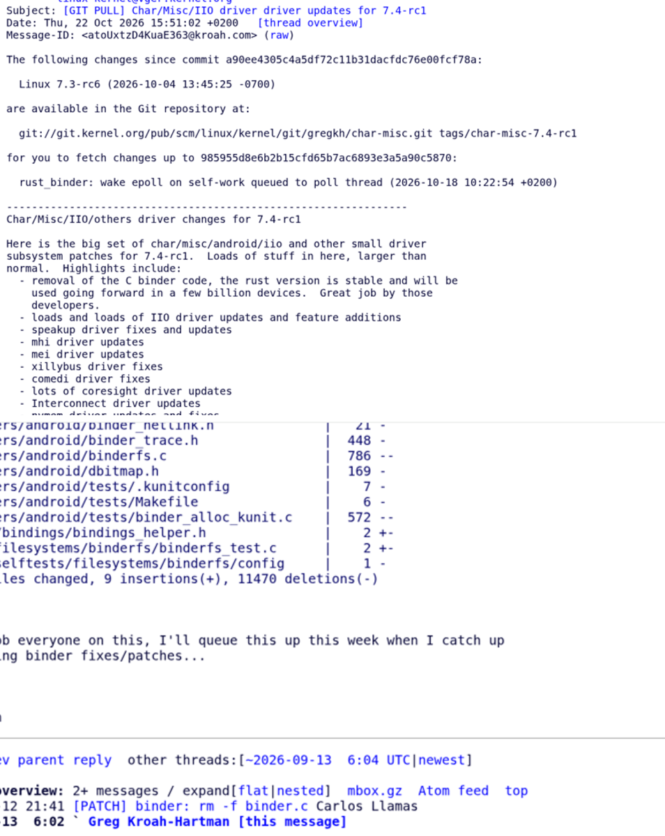 Hualet on X: "看到一件挺猛的事：Linux 7.4 把安卓的 C 版 Binder 整个删了。 Greg 给 Linus 的 ...